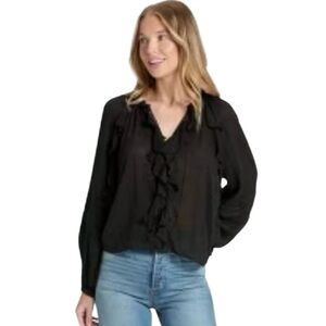 Universal Thread  Balloon Long Sleeve V-Neck Ruffled Black Gauze Blouse Size S